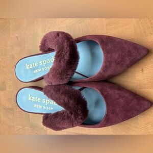 Kate Spade Plum Suede Fur-Trim Mules Read Description